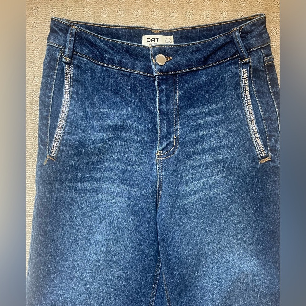 OAT‎ New York High Rise Wide Leg Denim Trouser, Rhinestone Detail, Raw Hem, Sz 2 - Picture 5 of 16